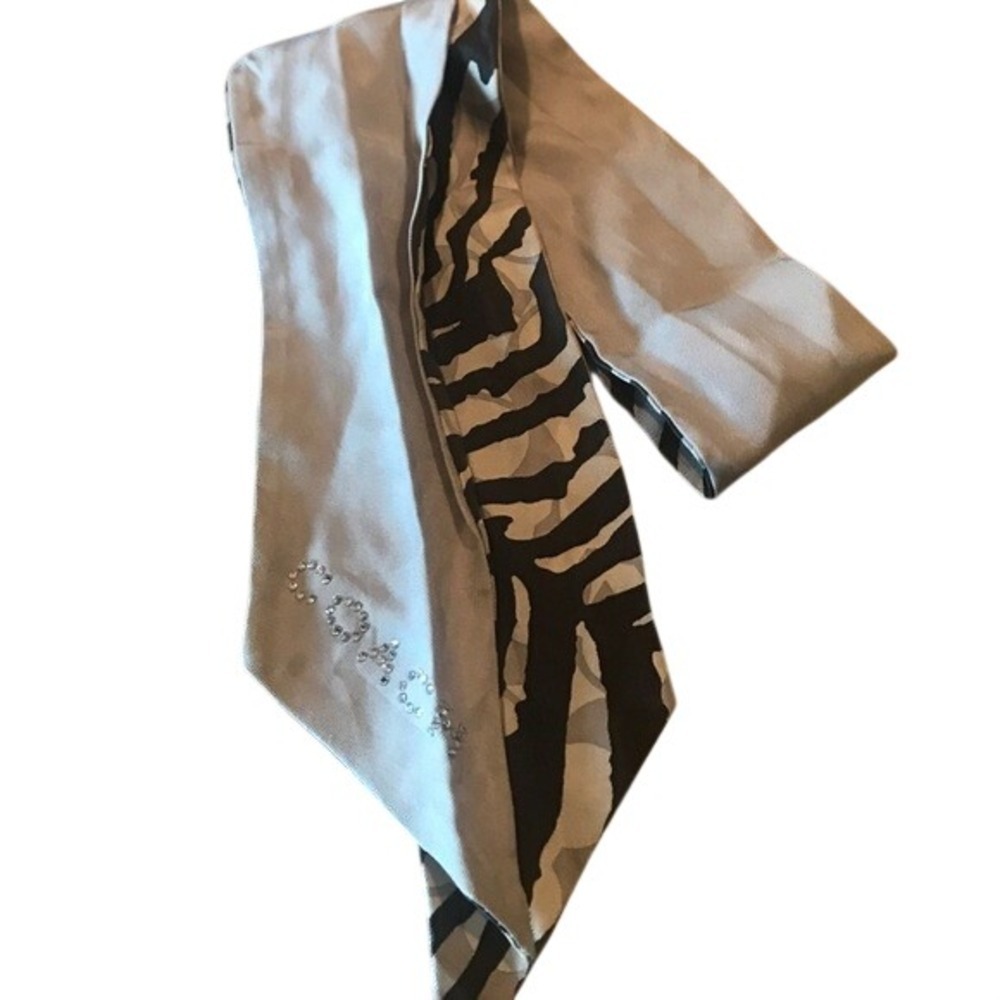 Coach Silk Zebra Signature C Skinny Scarf Rhinestone Logo Black Grey - Picture 8 of 9